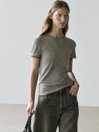 Wool Blend T-Shirt with Lace Detail