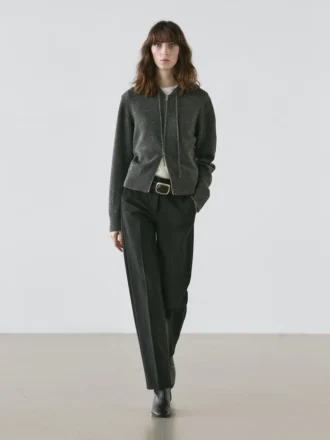 Wool Blend Zip-Up Cardigan with Hood